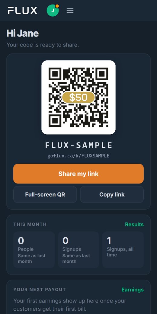 The FLUX marketer portal home screen on a phone